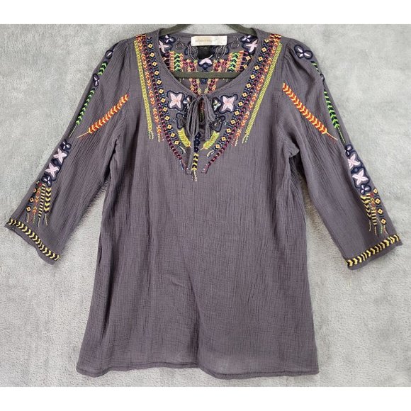 Urban Mangoz Tops - Urban Mangoz Shirt Womens Small Gray Embroidered Beaded Boho Hippie Gypsy Top